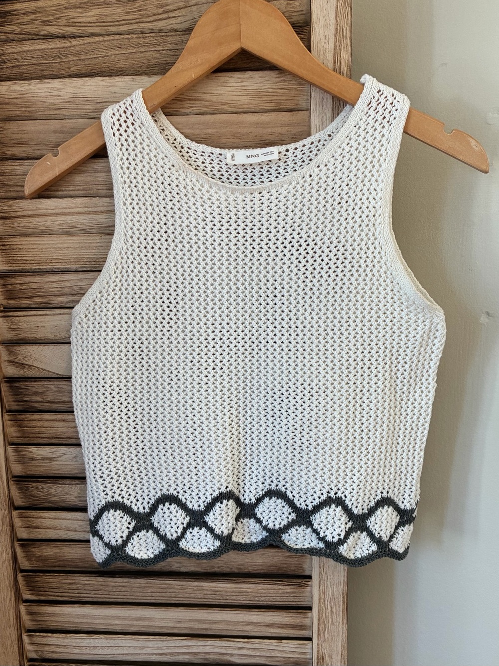 Mango MNG Organic Cotton White Crochet Knit Tank Top Grey Scalloped Hem XXS